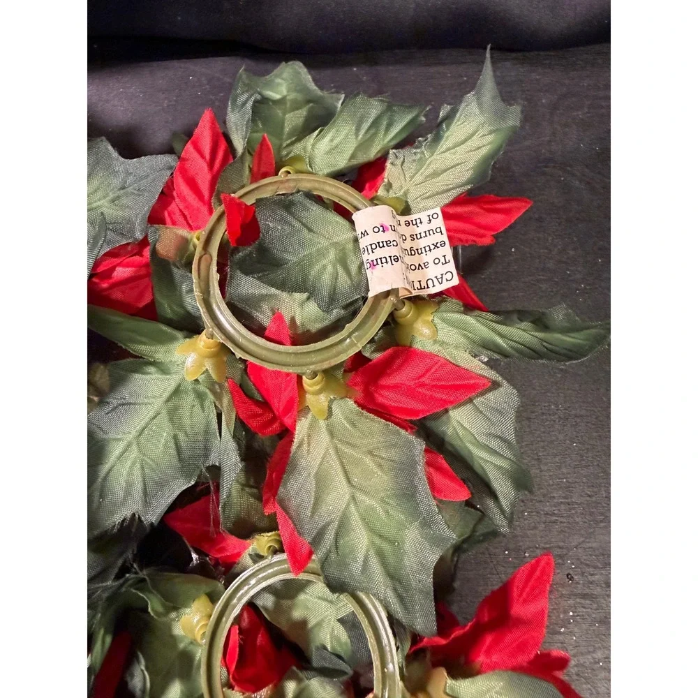 Vintage Christmas Poinsettia Candle Rings Red Silk Floral Silver Pinecones Set 4